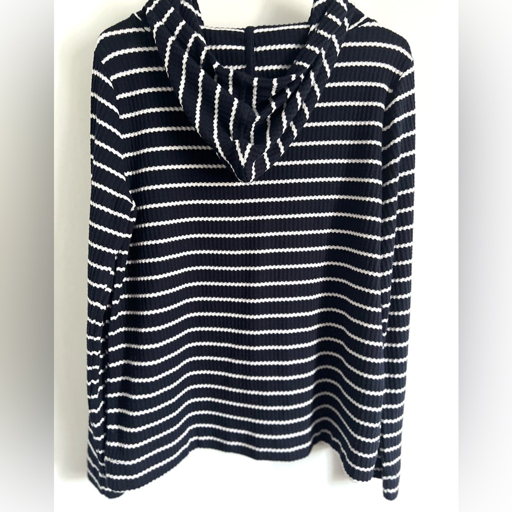 LOFT Striped Sweater Hoodie Navy Ivory Ribbed Knit Pullover - Size Medium - Picture 4 of 5
